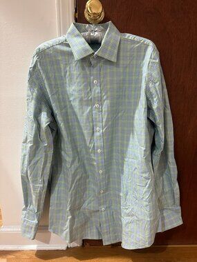 Mens Dress Shirt -Soft Blue and Green Check. 16.5   34/35